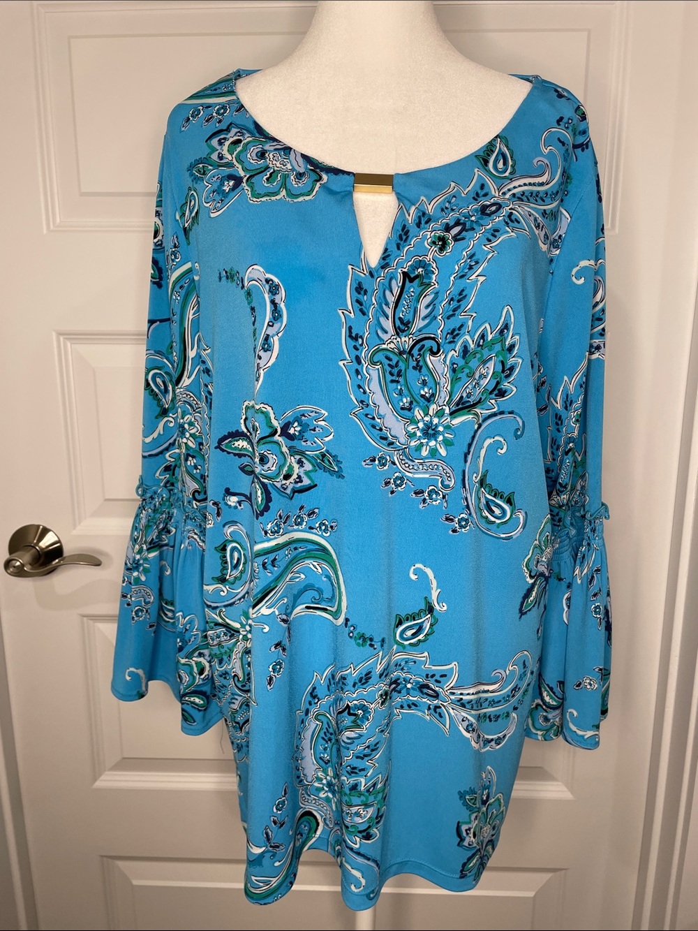Dana Buchman Turquoise Paisley Keyhole Bell-Sleeve Tunic Size XL